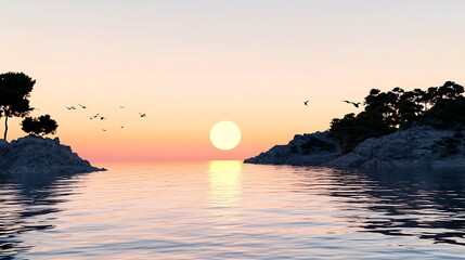 Wall Mural - A Stunning Sunset Over Calm Waters with Silhouetted Islands and Birds in Flight