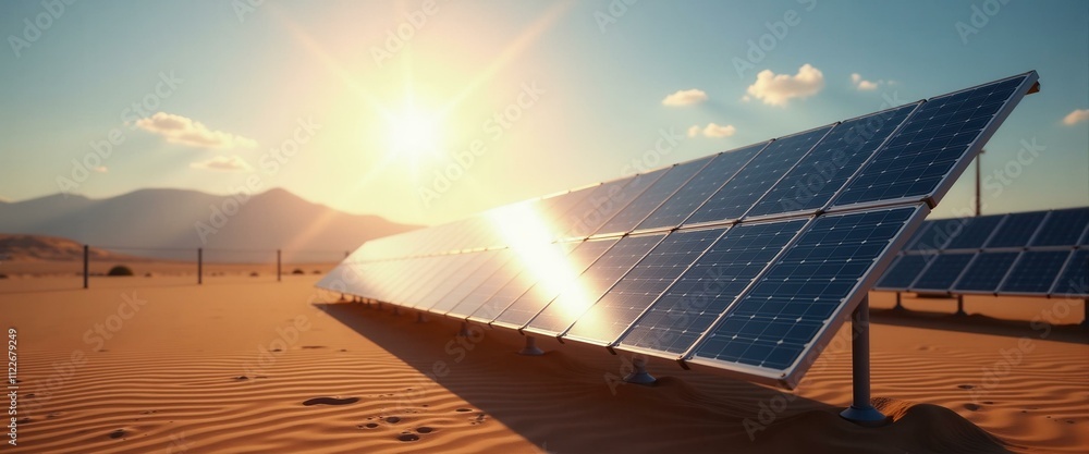 Desert Solar Panels at Sunset: Sustainable Energy in Arid Landscape ...