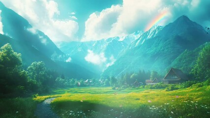 Aufkleber - Seamless Looping Anime Style Mountain Valley with Rainbow, Lush Meadow, and Sunlit Sky. Peaceful Nature Animation