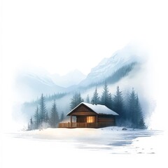 Canvas Print - A cozy wooden cabin sits in a snowy landscape surrounded by tall evergreen trees and mountains, evoking a serene winter atmosphere, perfect for travel brochures, seasonal decorations