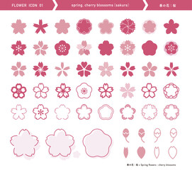 桜のアイコン。春の花。いろんな形のシルエット。さくら。