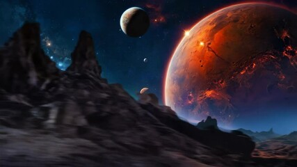 Wall Mural - A dramatic and vivid space scene with detailed cracked surface planets and other celestial bodies