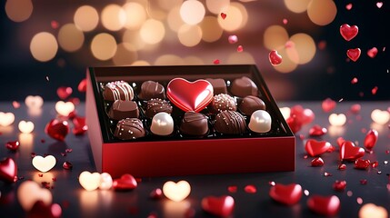 Wall Mural - 14th valentine background chocolate theme. A beautifully arranged box of chocolates, featuring a red heart-shaped treat, surrounded by scattered hearts and a soft, illuminated background.