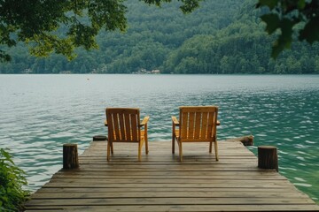 Wall Mural - Two wooden chairs by the water