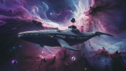 Aufkleber - Epic space voyagea whale-shaped spaceship navigates cosmic wonders in the nebula surreal sci-fi art celestial beauty