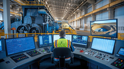 engineer working in control room at vast mineral extraction site, overseeing operations with advance