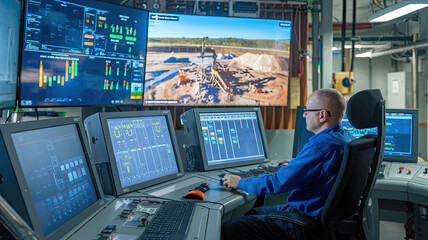 Engineer Working in Control Room at Vast Mineral Extraction Site, Overseeing Operations with Advanced Technology, Industrial Setting, Monitoring and Managing Extraction Processes in a Busy Work