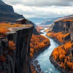 Wall Mural - Autumn canyon landscape, winding river, steep cliffs, lone cabin on precipice, dramatic vista, golden foliage, moody overcast sky, rugged terrain, panoramic view, natural wonder, autumn colors, remote