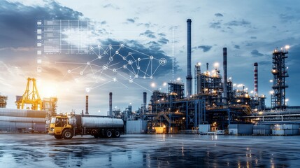 Aufkleber - Supply chain management flowchart system in industrial setting oil refinery digital graphics urban environment aerial view