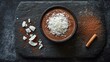 © Marry93 - Chocolate mousse topped with shredded coconut and a sprinkle of cinnamon, served on a rustic slate board