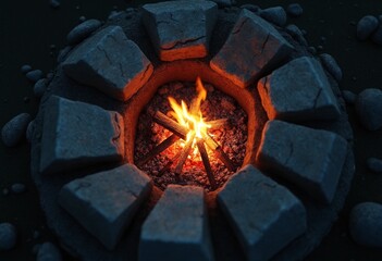 Poster - A small fire pit glowing with embers in the middle of a rocky area