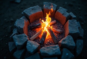 Poster - A small fire pit glowing with embers in the middle of a rocky area