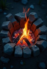 Poster - A small fire pit glowing with embers in the middle of a rocky area