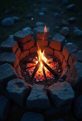 Poster - A small fire pit glowing with embers in the middle of a rocky area