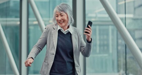 Aufkleber - Business, woman and dancing with phone in celebration of email notification and excited for salary increase. Mature japanese, employee and office dancer for company success and corporate achievement