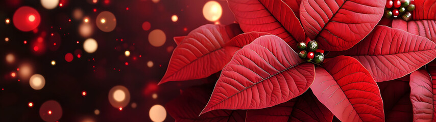 Wall Mural - Abstract background with red Poinsettia leaves. Horizontal composition, banner.