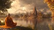 © Arthur - A monk meditaing in front of a temple with a lake