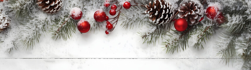 Wall Mural - red christmas balls with spruce branches and pine cones covered with snow and snowfall on white wood