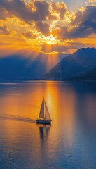 Wall Mural - A serene sunset over a calm lake with a sailboat gliding through golden waters.