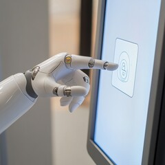 Fototapete - The robot mechanical arm or hand presses the index finger on the button a virtual holographic interface HUD on touch screen. Artificial Intelligence futuristic design concept.