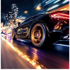 Poster - Sport car wheel drifting on night of city lighting background