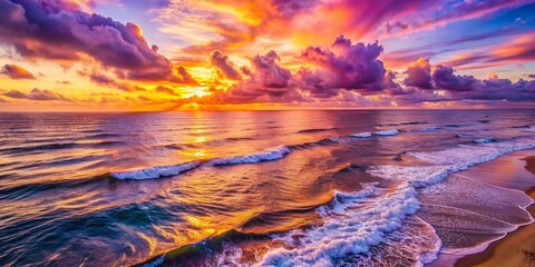 Wall Mural - Aerial view of a serene ocean at sunset, showcasing vibrant hues in the sky and gentle foamy waves, creating a peaceful and breathtaking natural landscape.