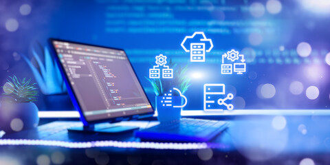 Wall Mural - programming code abstract screen of software developer. coding script text on screen.