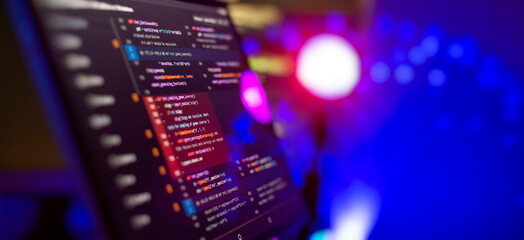 Wall Mural - monitor closeup of function source code. abstract it technology background. software source code.