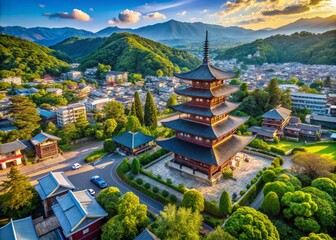 Wall Mural - Aerial View of Japan's Vibrant Landscapes: Explore the Beauty of Traditional Architecture, Lush Green Mountains, Serene Temples, and Bustling Urban Life from Above