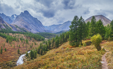 Wall Mural - Mountain landscape in early fall, frowning sky, traveling in the mountains