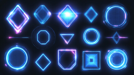 futuristic glowing frames in neon blue set on dark background. geometric tech designs of oval, asymm
