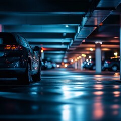 Poster - Motion time of a speedy night drive in a big city ending in the underground car parking. Side view from the car window to the road with light trails from vehicles and street lights.