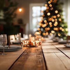 Aufkleber - empty christmas table background with christmas tree out of focus for product display montage