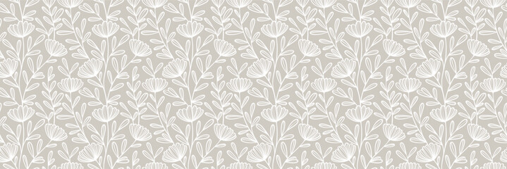 Wall Mural - autumn brown vintage daisy floral print banner, seamless repeating vector flower pattern wide horizo