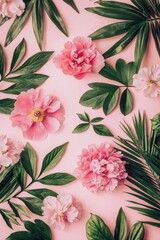 Wall Mural - Pink flowers with green leaves on pink background