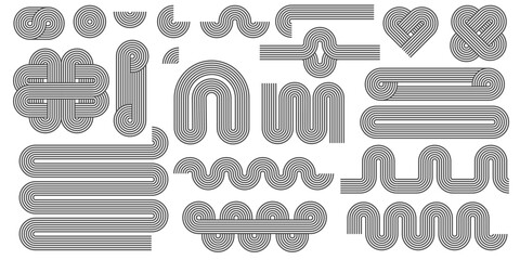 Wall Mural - abstract shapes with line pattern. vector retro arch and geometric waves on white background. organi