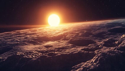 Wall Mural - View of the Earth from the moon's surface, with the sun setting in the background, hyper-realistic, cinematic. --ar 53:30 --v 6.1 Job ID: d5bf3706-9f66-44b1-9559-4724dc530bd4