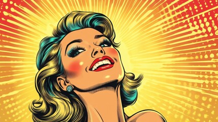 Wall Mural - A joyful woman smiles brightly in a vibrant comic pop art style, radiating happiness against a dynamic halftone background