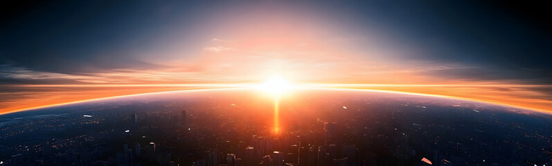 Wall Mural - sunrise over the planet earth concept with a bright sun and flare and city lights panoramic