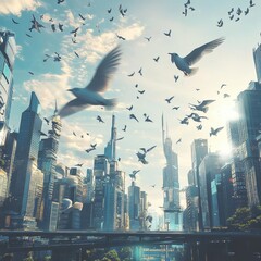 Sticker - Birds Soaring Above a Futuristic Cityscape