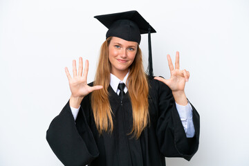 Wall Mural - Young university graduate caucasian woman isolated on white background counting eight with fingers