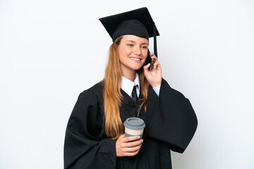 Wall Mural - Young university graduate caucasian woman isolated on white background holding coffee to take away and a mobile