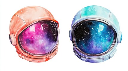 Wall Mural - two astronaut helmets reflecting colorful galaxies