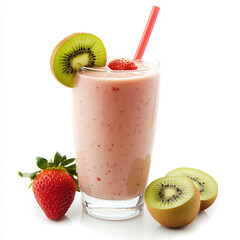 Wall Mural - A smoothie with banana and strawberry in a glass with a straw with a kiwi on the side