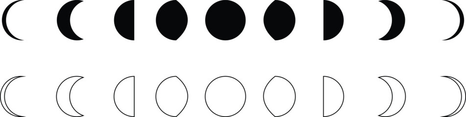 Moon phases astronomy icon silhouette symbol set. Full moon and crescent sign logo. Vector black flat and line collection isolated transparent background. Aesthetic boho gorizontal abstract poster.