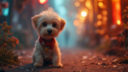 Wall Mural - A small white dog with a red bandana sitting on a dirt road