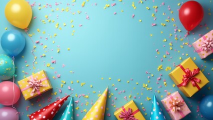 Poster - A group of colorful party hats, balloons, and presents on a blue background