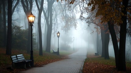 Aufkleber - Misty Autumn Park Pathway with Lanterns Amidst Falling Leaves : Generative AI
