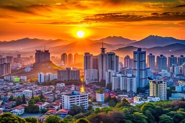 Wall Mural - Captivating Silhouette of Daegu Cityscape at Dawn with Majestic Mountains in the Background and Soft Morning Light Enhancing the Urban Landscape's Beauty