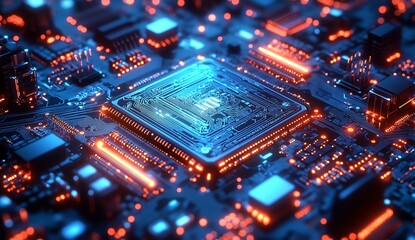 Aufkleber - Futuristic Close Up of Illuminated Circuit Board with Glowing Blue and Orange Lights : Generative AI